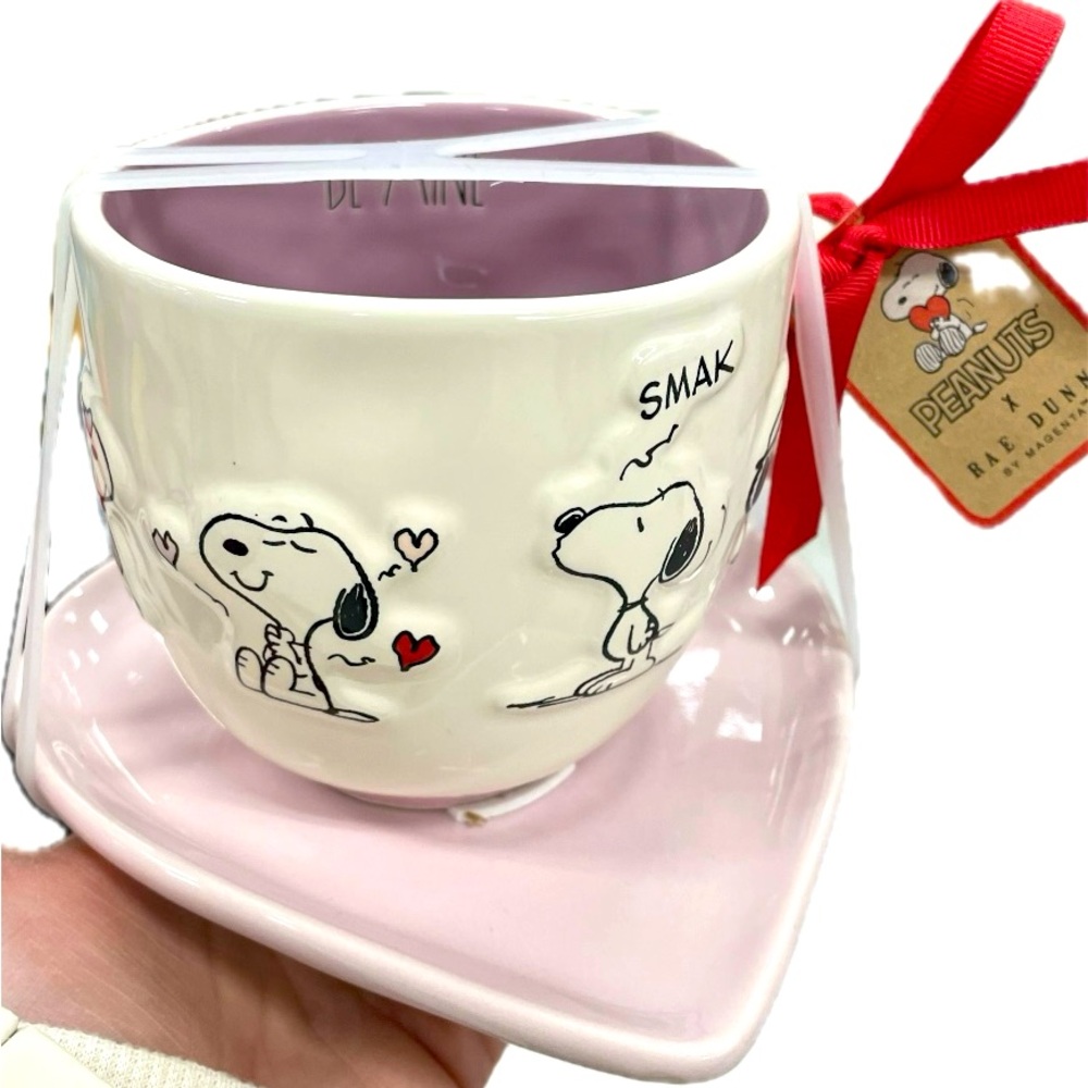 Rae Dunn Snoopy Mug and Saucer Set - Pink and White